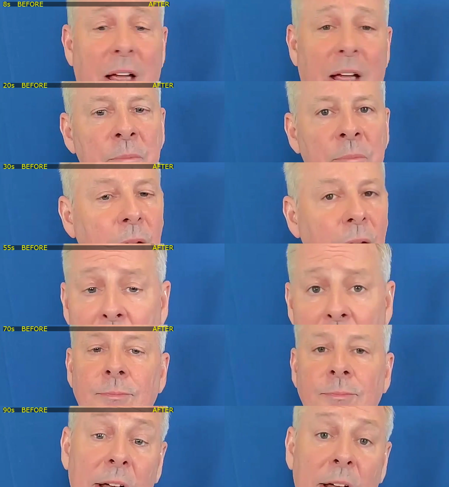Side-by-side frames of a CreateSocial user before and after AI eye contact correction. In the before frame his eyes are angled slightly down and away from the lens. In the after frame he is looking directly at the camera.