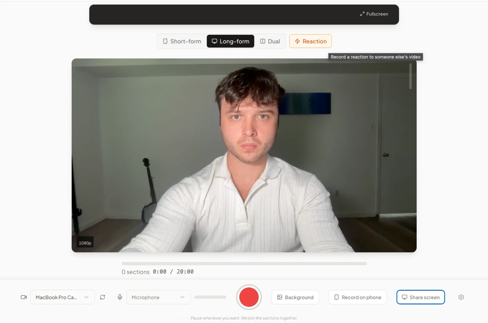 The CreateSocial recording studio with the camera preview in the center. Above it the format picker reads Short-form, Long-form, Dual and Reaction, and a tooltip over Reaction says Record a reaction to someone else's video.