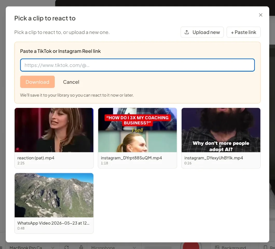 The Pick a clip to react to dialog. A field for a TikTok or Instagram Reel link sits above a grid of clips already saved to the library, with Upload new and Paste link buttons in the corner.