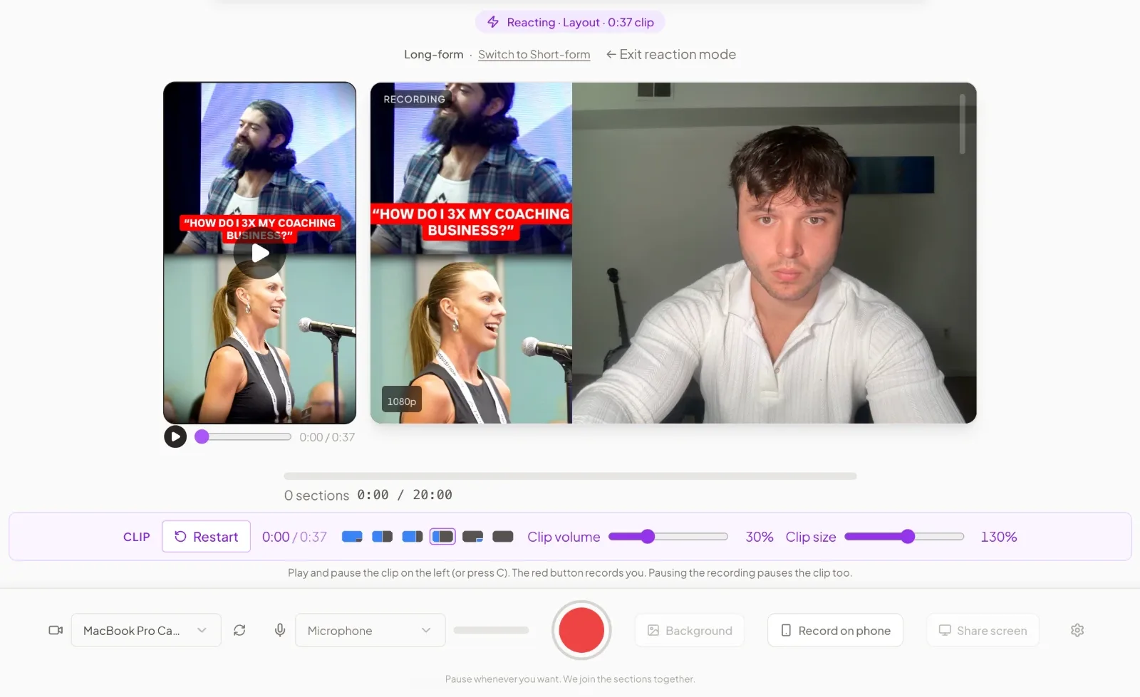 Recording a reaction in the studio. The clip player is on the left with its own play button and scrubber. On the right is the recording composite with the clip on the left half and the camera on the right half, marked Recording. Below is a clip bar with Restart, layout presets, a Clip volume slider at 30 percent and a Clip size slider at 130 percent.