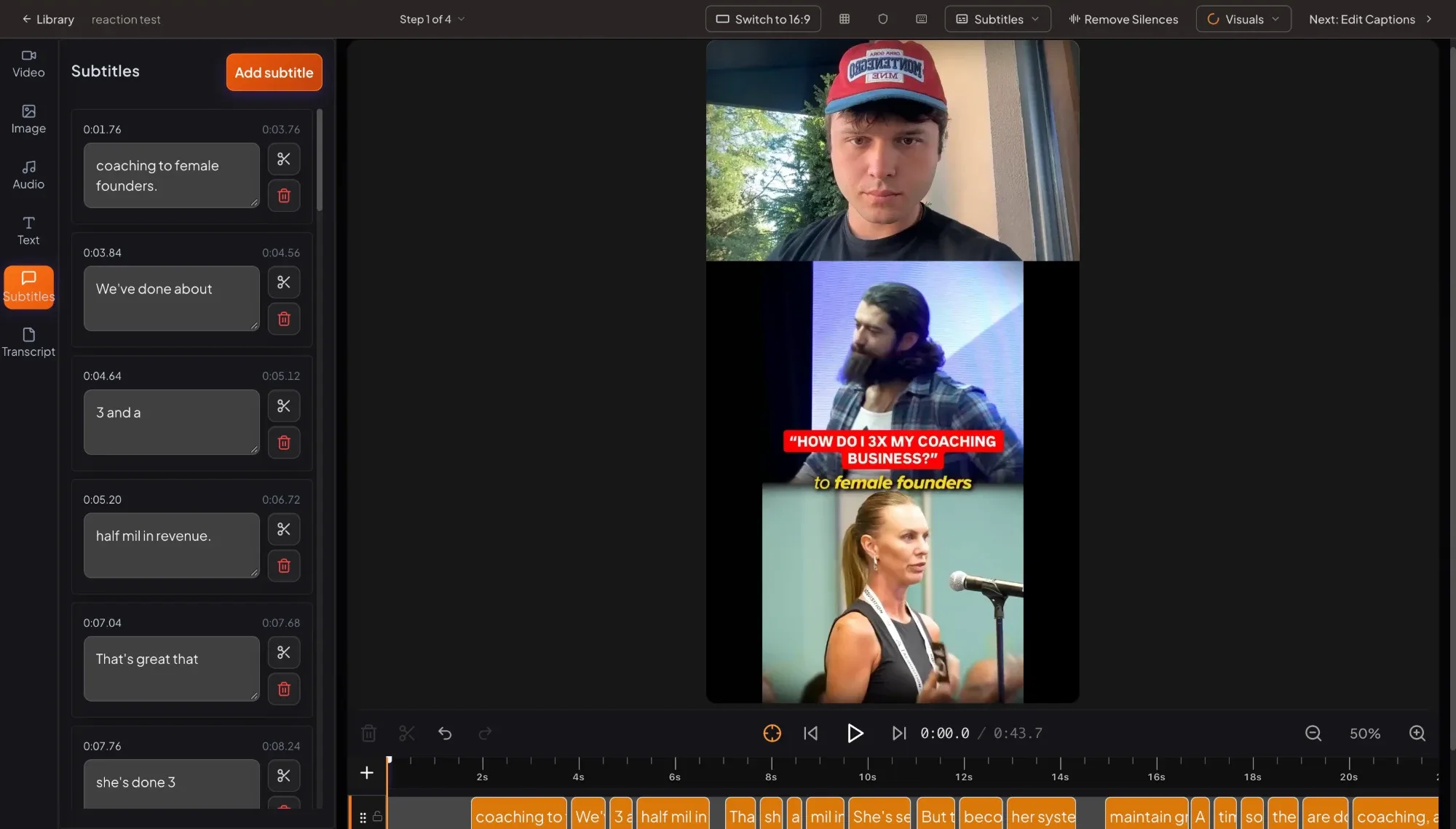 The CreateSocial editor with the finished reaction. The camera sits above the clip in a vertical frame. The Subtitles panel on the left lists each caption with its timing, the timeline below shows the caption blocks, and the toolbar offers Switch to 16:9, Remove Silences, Visuals and Next: Edit Captions.