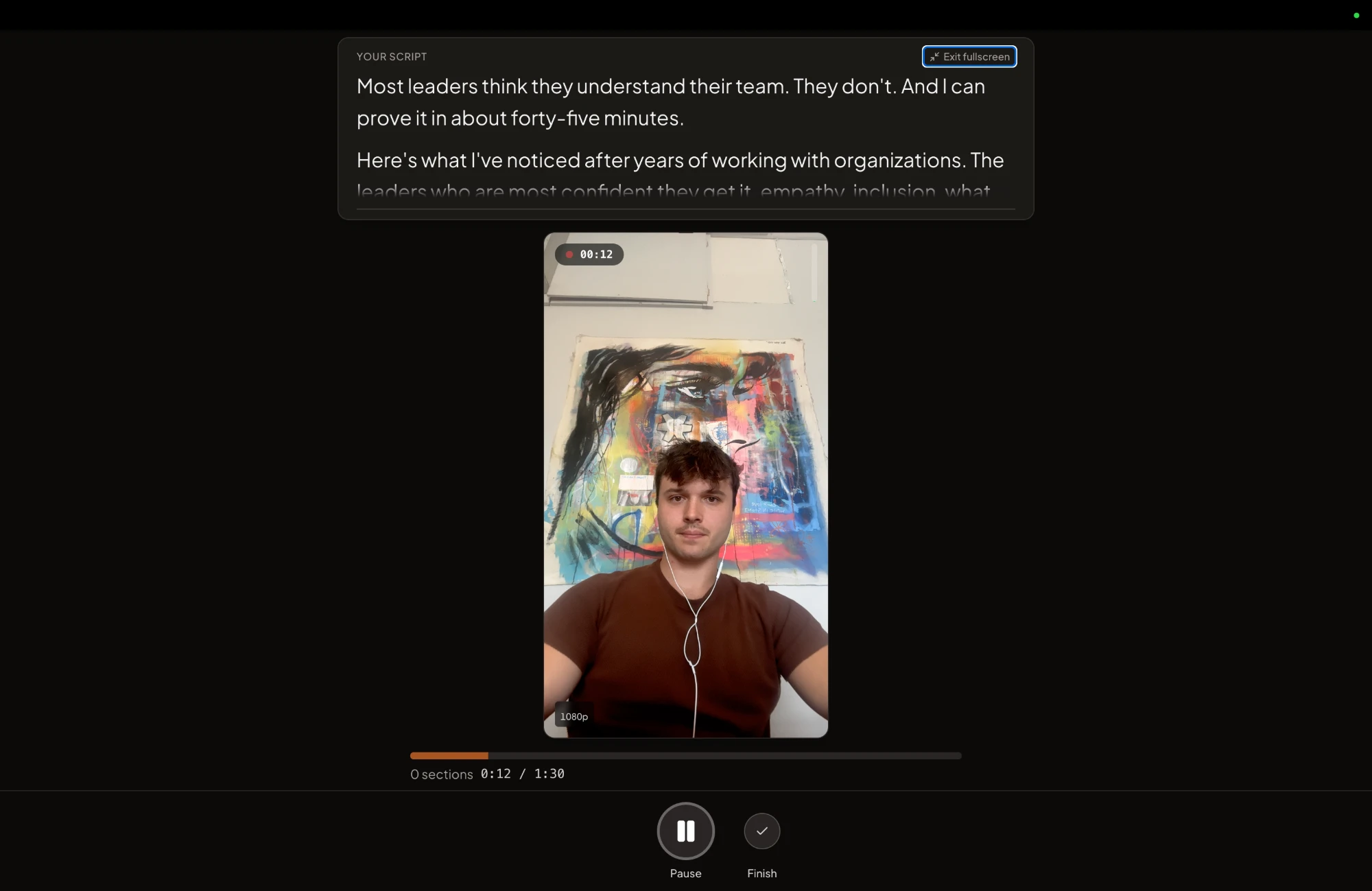 The CreateSocial recording studio mid-take. The script panel sits directly above the camera frame, with the recording timer, section count and pause and finish controls below it. Nothing else is on screen.